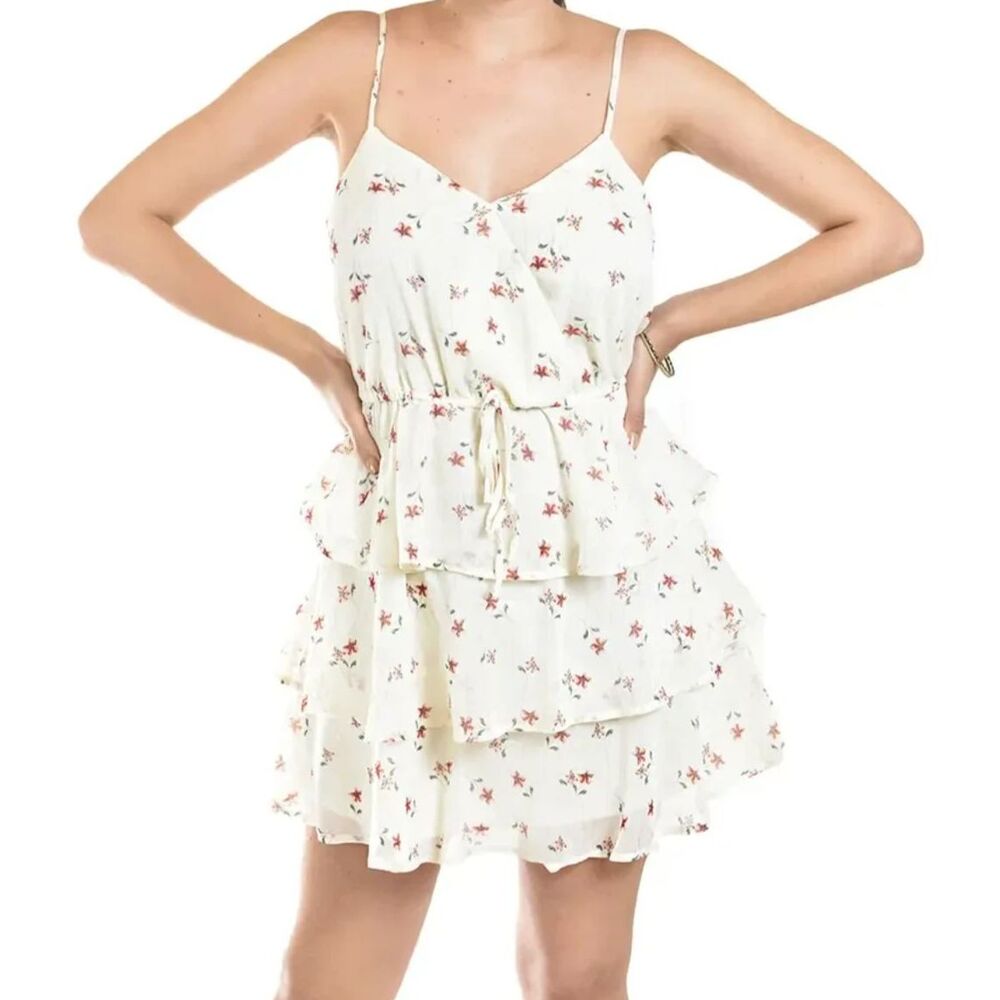 Trixxi Juniors Small Floral Tiered Mini Dress White V-Neck Ruffled Tie Waist